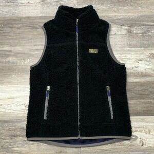 LL Bean Mountain Deep Pile Sherpa Fleece‎ Black Gray Mens S Full Zip Hiking Vest
